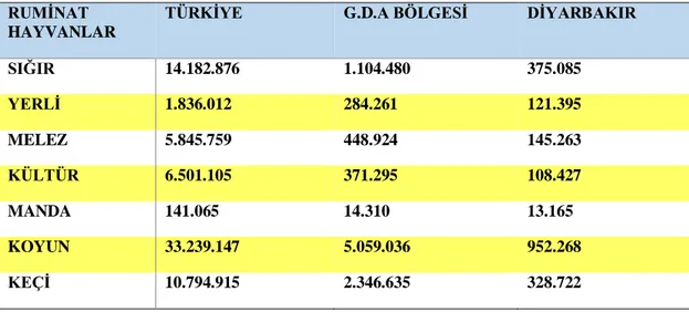 Çizelge  4’  de  görüldüğü  üzere  Diyarbakır  ili  genelindeki  sığır  varlığının  %32,4’ü  yerli  ırk,  %  38,7’si  kültür  ırkı  melezleri  %  28,9’u  ise  kültür  ırklarından  oluşmaktadır (TUİK, 2016b)
