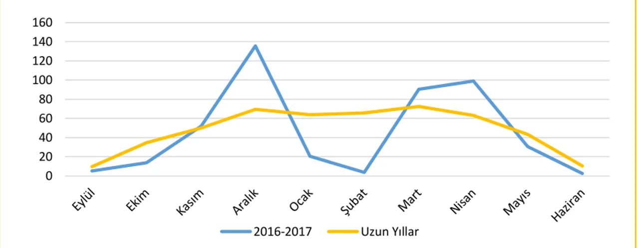 Şekil 1. 2016-2017 yıllı aylık yağış (mm) Diyarbakır 
