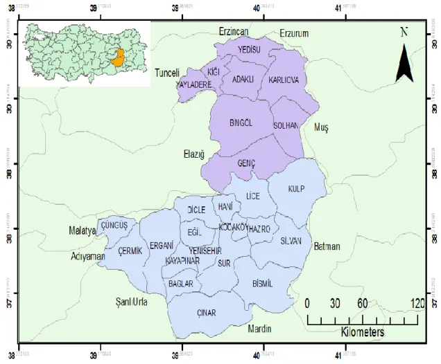 Şekil 3.1. Bingöl ve Diyarbakır çalışma sahasının haritası 