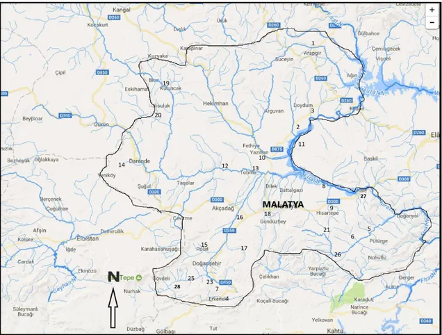 Çizelge 3.2. Malatya il sınırları içerisinde balık ve amfibi öneklerinin toplandığı lokaliteler  No  Lokalite  No  Lokalite  No  Lokalite 