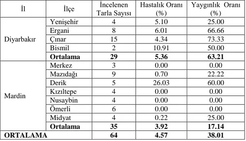 Çizelge  4.1.  Diyarbakır  ve  Mardin  illerinde  kabakgillerde  yapılan  birinci  dönem  survey çalışmalarında incelenen tarla sayısı ve hastalık oranları  İl  İlçe  Tarla Sayısı İncelenen  Hastalık Oranı (%)  Yaygınlık  Oranı (%) 