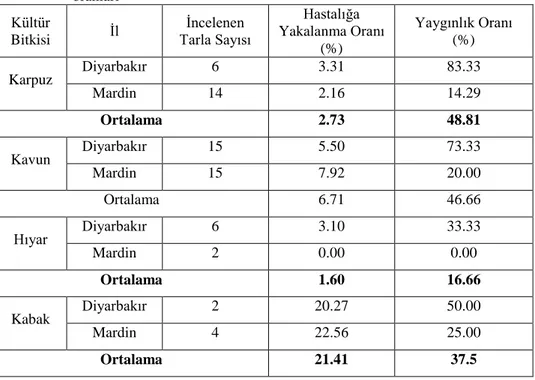 Çizelge  4.3  ve  4.4’te  görüldüğü  gibi  Diyarbakır’da  birinci  ve  ikinci  dönem  survey sonuçlarına göre en düşük hastalık oranları hıyarda (%3.10 ve %2.09), en yüksek  hastalık  oranları  ise  kabakta  (%20.27  ve  %77.82);  Mardin’de  ise  aynı  dön