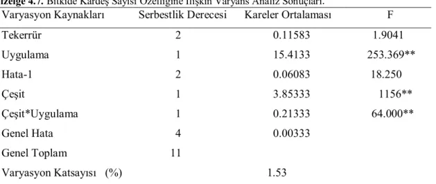 Çizelge 4.7. Bitkide Kardeş Sayısı Özelliğine İlişkin Varyans Analiz Sonuçları. 