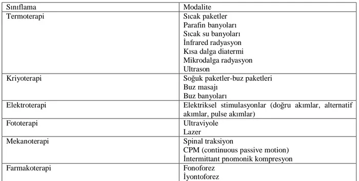 Tablo 3: Fizik tedavi ajanları ve modaliteleri (128) 