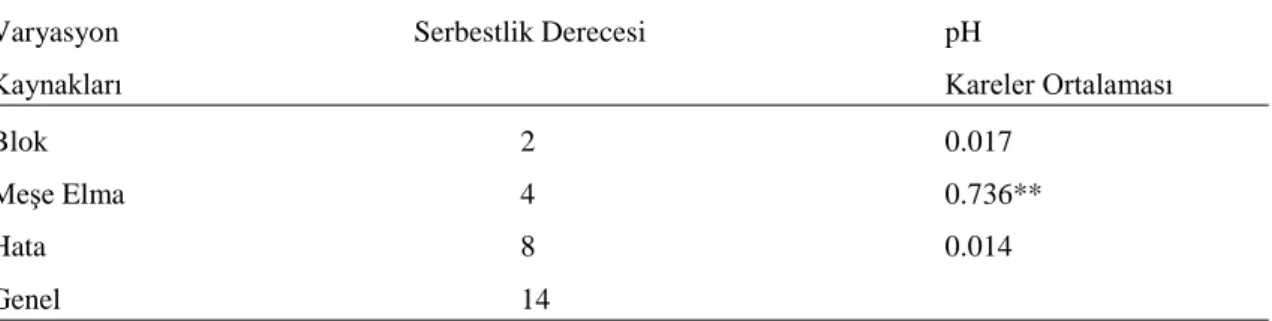 Çizelge 4.5. Quercus brantii Silajına İlave Edilen Farklı Elma Posası Uygulamalarının Silaj pH Değerine         İlişkin Varyans Analizi 