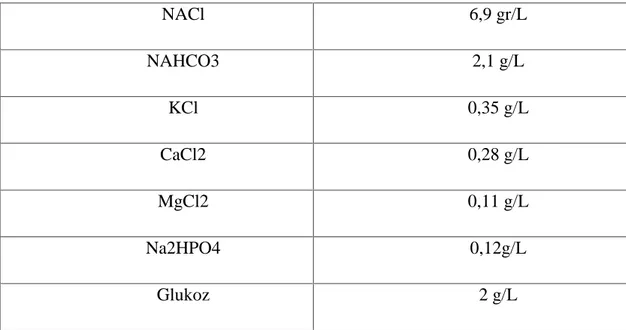 Tablo 2: Krebs-Henseleit Solüsyonu NACl 6,9 gr/L NAHCO3 2,1 g/L KCl 0,35 g/L CaCl2 0,28 g/L MgCl2 0,11 g/L Na2HPO4 0,12g/L Glukoz 2 g/L 3.2