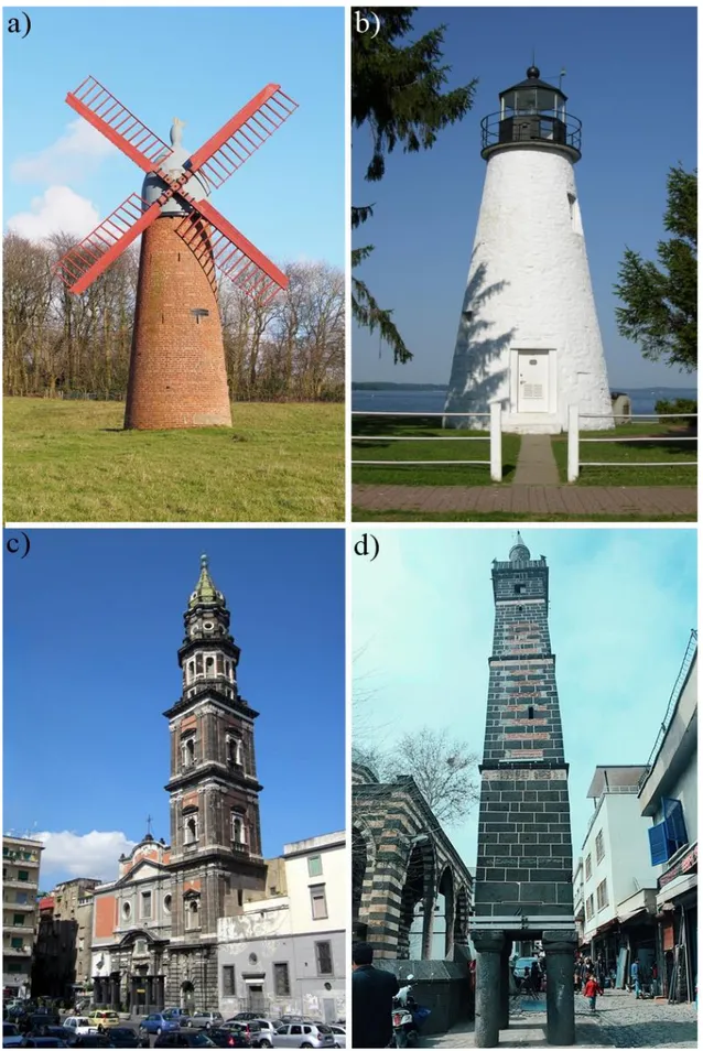 Şekil 1.2. Tarihi yığma kuleler; a) Haigh Yel Değirmeni, b) Concord Point Deniz Feneri, c) Santa Maria 