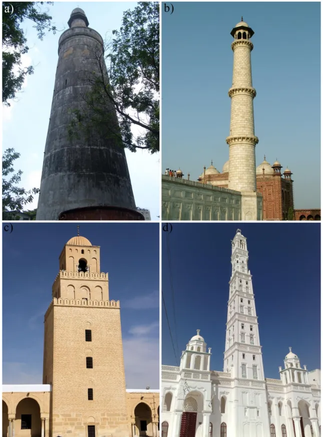 Şekil 1.3. Tarihi yığma minareler; a) Huisheng Cami Minaresi b) Taj Mahal Minaresi, c) Kaiouran Ulu 
