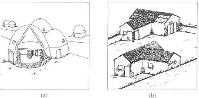 Şekil 2.1. Antik Yakın Doğu’dan tarih öncesi yığma yapı örnekleri; a) Kıbrıs’ta, bir köyde bulunan kovan 