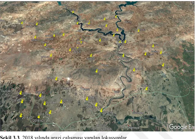 Şekil 3.3. 2018 yılında arazi çalışması yapılan lokasyonlar 