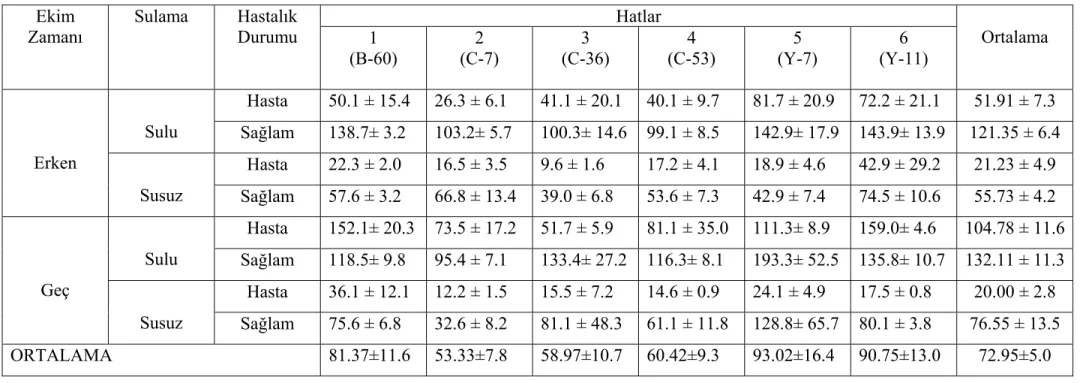 Çizelge 6. Diyarbakır’da 2006 yılında denemede kullanılan bazı susam hatlarının bitki  başına kapsül sayısı (adet/bitki)    Hatlar Ekim  Zamanı  Sulama Hastalık Durumu  1  (B-60)  2  (C-7)  3  (C-36)  4  (C-53)  5  (Y-7)  6  (Y-11)  Ortalama  Hasta  50.1 ±