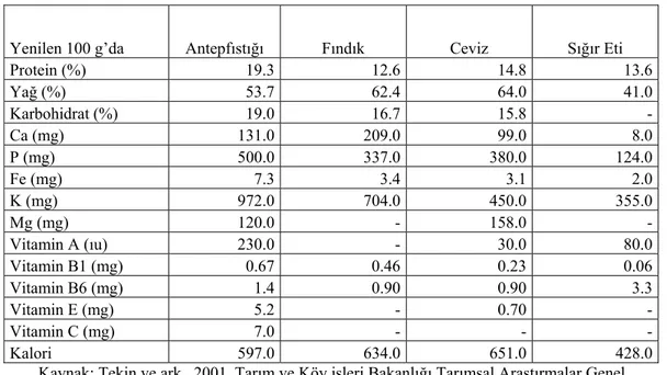 Tablo 4. Antepfıstığı, Fındık, Ceviz ve Sığır Eti Besin Değerleri   