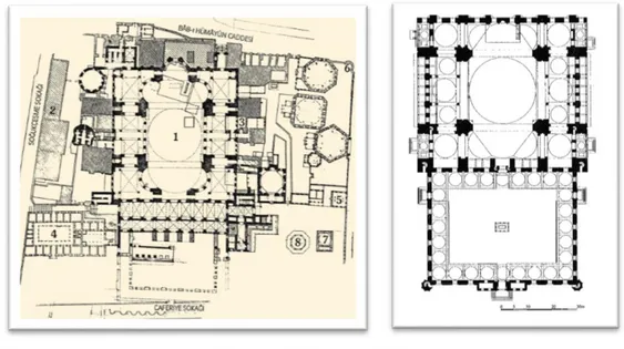 Şekil  3.11. Ayasofya  Camii,  İstanbul  532-537  ve  Süleymaniye  Camii,  İstanbul  1551-1558  Planları   