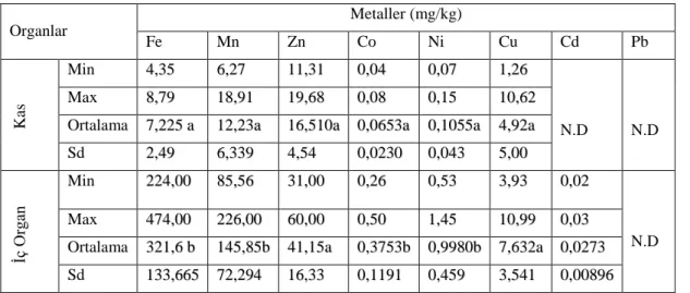 Çizelge  4.7.  Devegeçidin‟de  Gambusia  affinis‟in  kas  ve  iç  organındaki  ağır  metal değerleri  Organlar                                                    Metaller (mg/kg)  Fe  Mn  Zn  Co  Ni  Cu  Cd  Pb            Kas Min  4 4 ,, 3 3 5 5 6 6 ,, 2 2