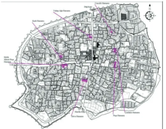 Şekil 1. Diyarbakır geleneksel hamamlarının  kent içindeki konumu (Dağtekin, 2013)  1