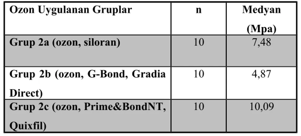 Tablo 6:  Ozon uygulanan gruplarının makaslama bağlanma dayanım testlerine ait medyan değerleri.