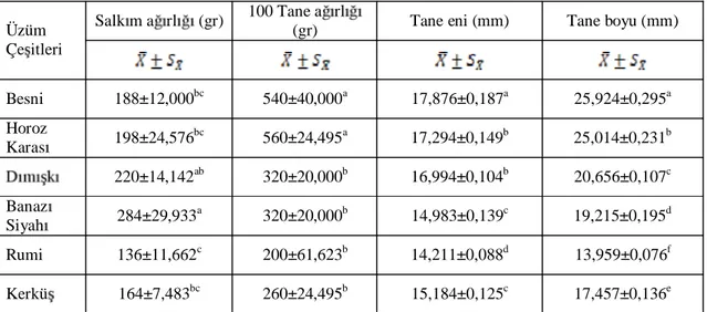 Çizelge 4.2. Üzüm çe itlerinin baz  fiziksel özelliklerine ili kin tan  istatistikler Salk m a rl  (gr) 100 Tane a rl