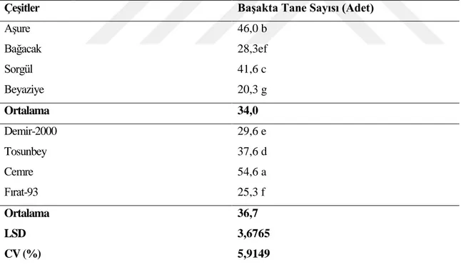 Çizelge 4.6. Yerel ve ıslah edilmiş buğday çeşitlerinin başakta tane sayısına (adet) ilişkin ortalama  