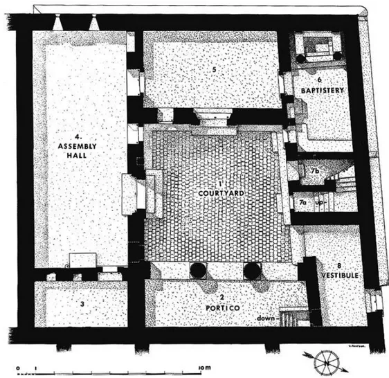 Şekil 3.3. Dura Europos’ta bulunan kilise-ev (Kilde,2008:25). (1-Avlu, 2-Portik, 4-İbadet 