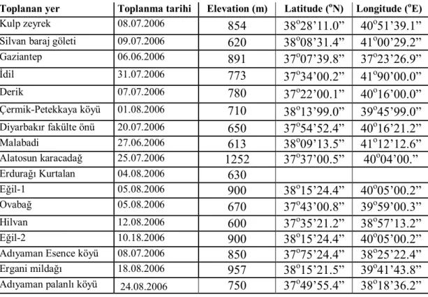 Çizelge 3.1. Buton yoncaların toplandığı yer ve özellikleri 