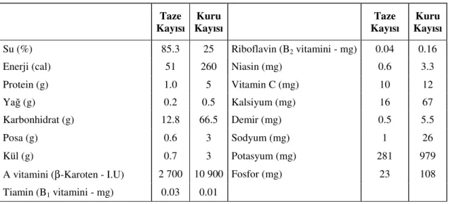 Çizelge 2. 100 g taze ve kuru kayısının besin değeri (Yücecan, 1993).  Taze  Kayısı  Kuru  Kayısı  Taze  Kayısı  Kuru  Kayısı  Su (%)  85.3  25  Riboflavin (B2 vitamini - mg)  0.04  0.16 