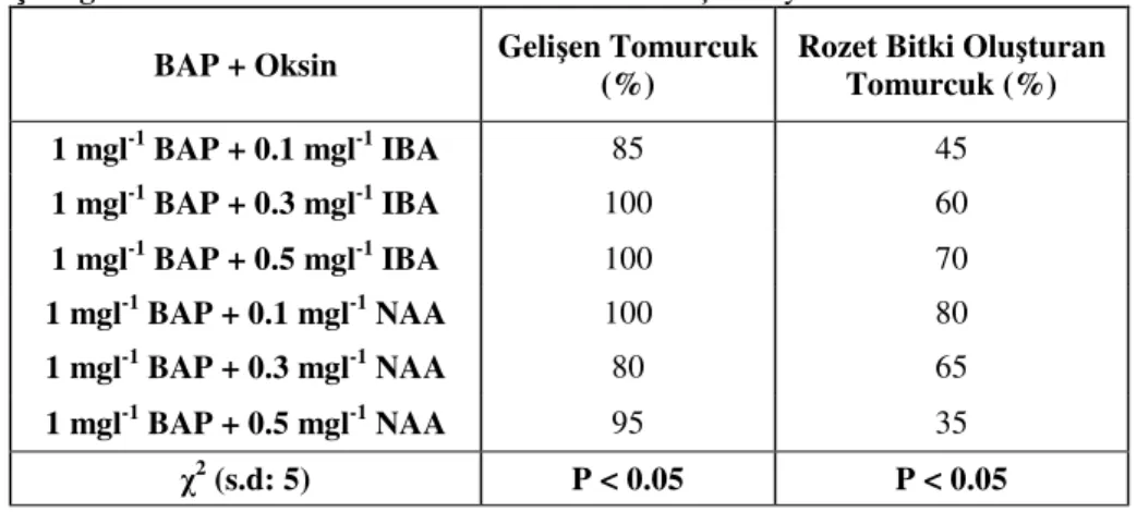 Çizelge 22. BAP’lı ortama oksin ilavesinin kültür başlatmaya etkisi *. 