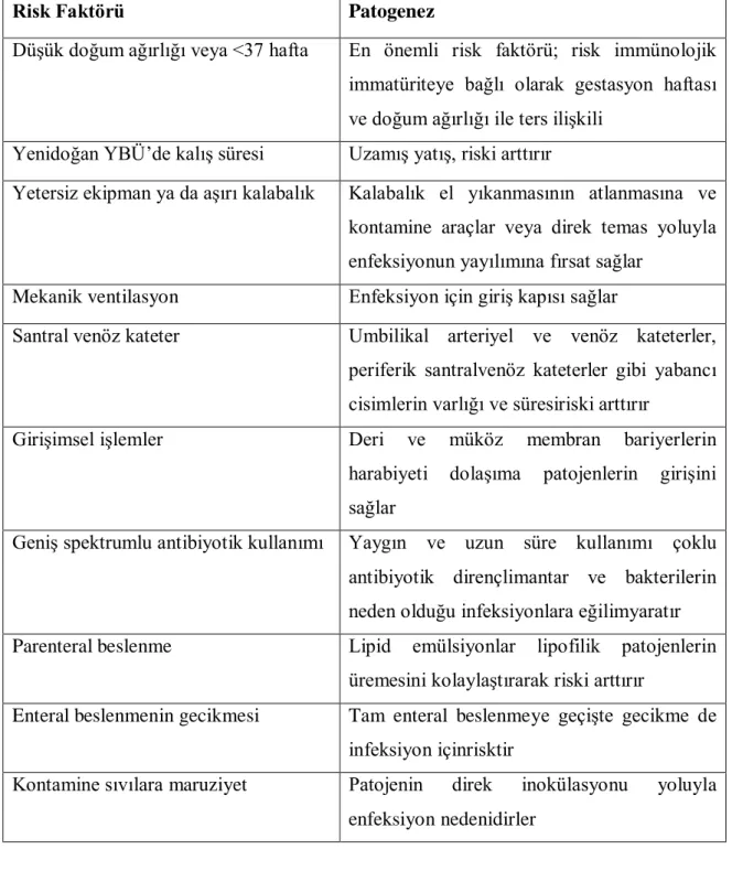 Tablo 4. Yenidoğanda hastane infeksiyonları için risk faktörleri (17) 