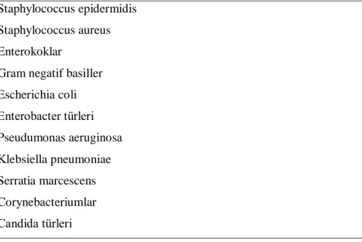 Tablo 8. Bakteriyemik infeksiyonlarda sık izole edilen patojenler (63) 