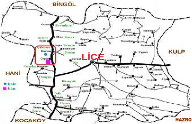 Şekil 1. Lice İlçe Haritası ve Çeper Hanı'nın bulunduğu alan