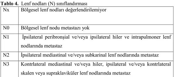 Tablo 6. Akciğer kanserlerinde evreler ve TNM alt grupları 