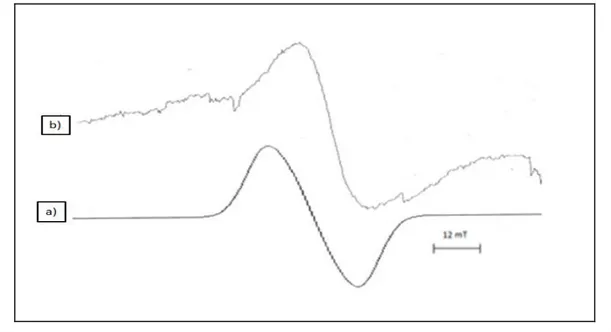 Figure  4.1. a ) Theoreticl EPR  of (Lamotrigine)  ,b)  Experimental  EPR  of the (Lamotrigine)  The  radicals  attributed  to  these  spectra  are  listed  in  Table  2