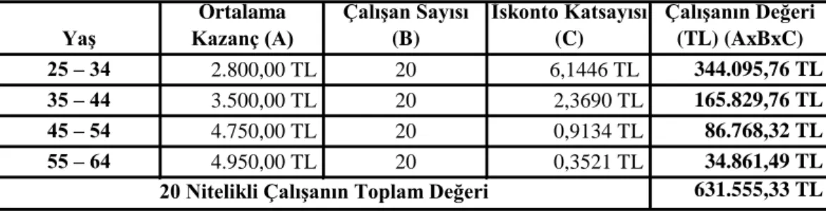 Tablo 5: Nitelikli Çalışanların Gelecekteki Kazançlarının Bugünkü  Değeri 