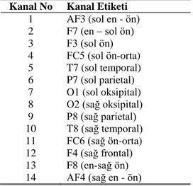 Şekil 3.1.’de 10 – 20 sistemine göre dizili olan elektrotların numaraları ve etiket  bilgileri Çizelge 3.2.’de belirtilmiştir