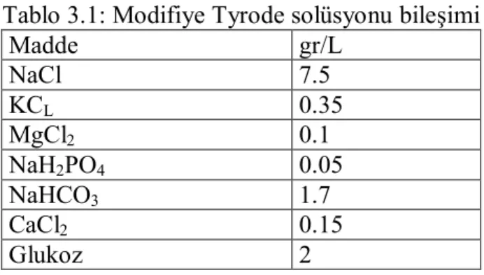 Tablo 3.1: Modifiye Tyrode solüsyonu bileşimi 