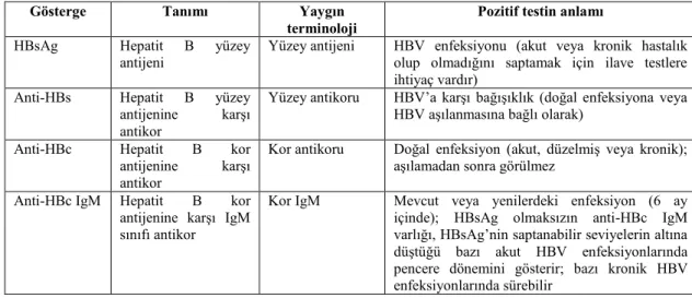 Tablo 3: Viral hepatit B göstergeleri ve önemleri (85)