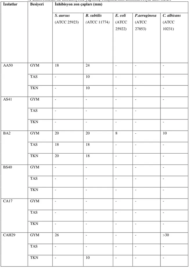 Çizelge 4.2.  AA50,  AS41,  BA2,  BS40,  CA17  ve  CAH29  izolatlarının  3  farklı  besi  yerinde  üretilmiş  ve diklorometan ile ektraksiyonu yapılmış bileşiklerinin antimikrobiyal aktiviteleri  İzolatlar   Besiyeri  İnhibisyon zon çapları (mm) 