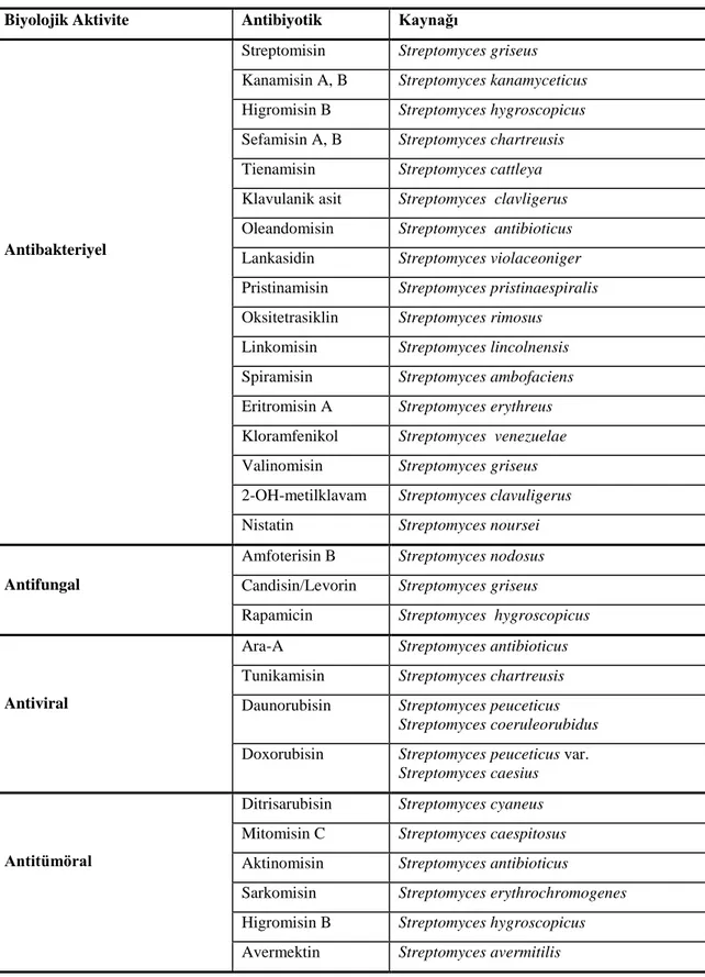 Çizelge 2.3. Streptomyces kökenli bazı antibiyotikler ve biyolojik aktiviteleri (Oskay ve Tamer 2009)