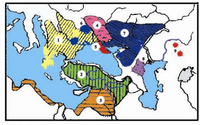 Figure  2.3  Distribution  of  Spalacidae  species.  1.  Nannospalax  leucodon  2.  Nannospalax  nehringi  3