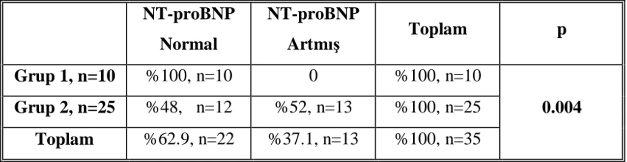 Tablo 12.  Grup1(Evre 1 ve 2) ve Grup 2(Evre 3 ve 4) NT-proBNP de erlerinin ki kare testi ile gösterilmesi