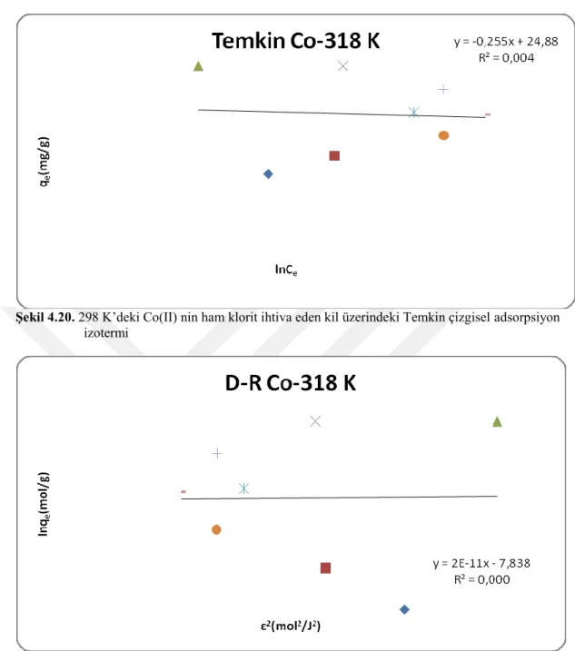 Şekil 4.21. 318 K’deki Co(II) nin ham klorit ihtiva eden kil üzerindeki D-R  çizgisel adsorpsiyon  