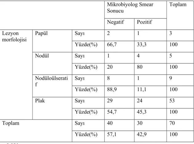 Tablo 17: Lezyon morfolojisi ve mikrobiyolog smear sonucu karşılaştırılması