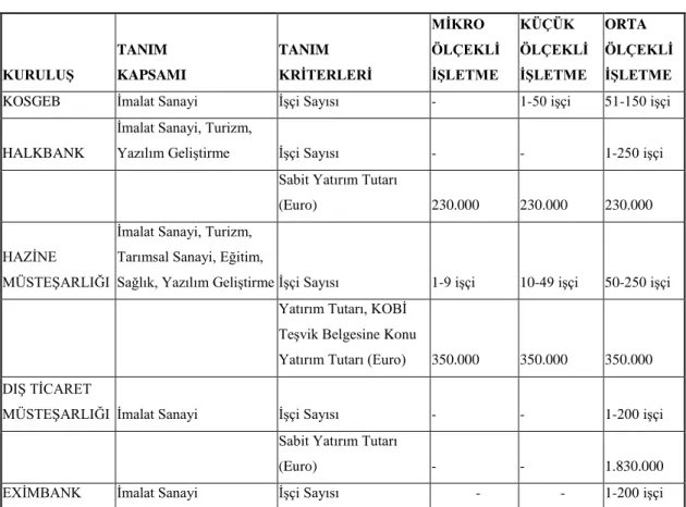 Tablo 1. 1 Kurumların KOBİ Tanımları   