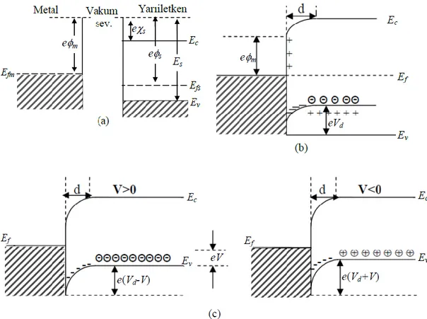 Şekil 3.4. Metal/p-tipi yarıiletken doğrultucu (Schottky) kontağın enerji-bant diyagramı 