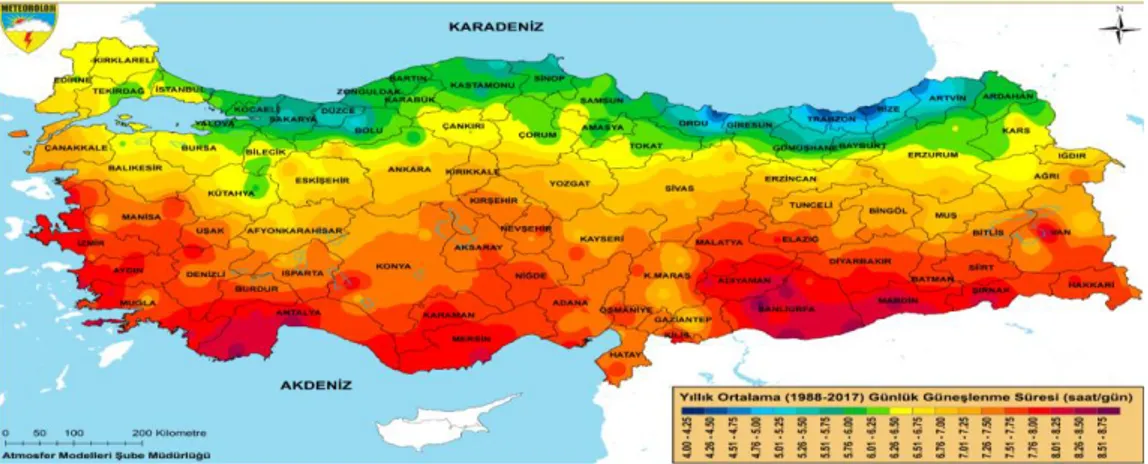 Şekil 1. 3. Türkiye’nin yatay toplam ışınım potansiyeli haritası (www.solar-medatlas.org) 
