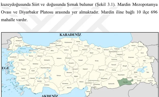 Şekil 3.1.Mardin İlinin Türkiye Haritasındaki Konumu 