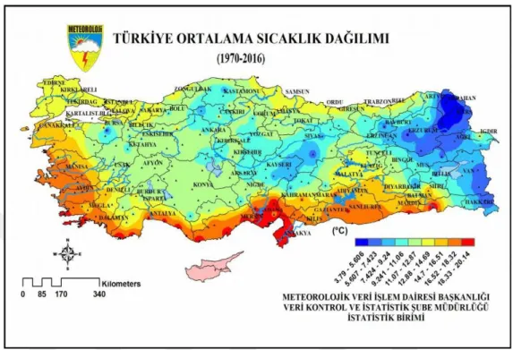 Şekil 2.2. 1970-2016 yılları arası Türkiye yıllık ortalama sıcaklık dağılımı (URL-2). Hava hareketleri-Rüzgâr 