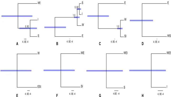 Figure 3. 8 Species delimitation models estimated with *BEAST. A–H shows delimitation models in the order 2, 3, 4, 5, 6, 7, 8, 9 (Table 1)