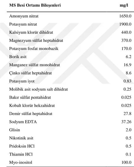 Çizelge 3.1. Murashige and Skoog (1962) (MS) besi ortamı bileşenleri 