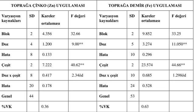 Çizelge 4.1. 2012-2013 sezonunda üç mercimek çeşidinde (Şakar, Çağıl ve Fırat  87)  toprağa  farklı  dozlarda  çinko  ve  demir  uygulamasının  çiçeklenme  süresi  (gün)  değerlerine ait varyans analiz sonuçları 