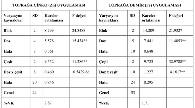 Çizelge 4.3. 2012-2013 sezonunda üç mercimek çeşidinde (Şakar, Çağıl ve Fırat  87) toprağa farklı dozlarda çinko ve demir uygulamasının bitki boyu (cm) değerlerine  ait varyans analiz sonuçları 